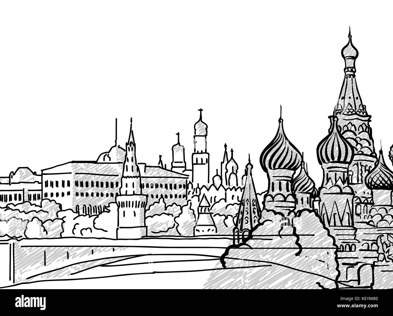Moscow, Russia famous Travel Sketch. Lineart drawing by hand. Greeting