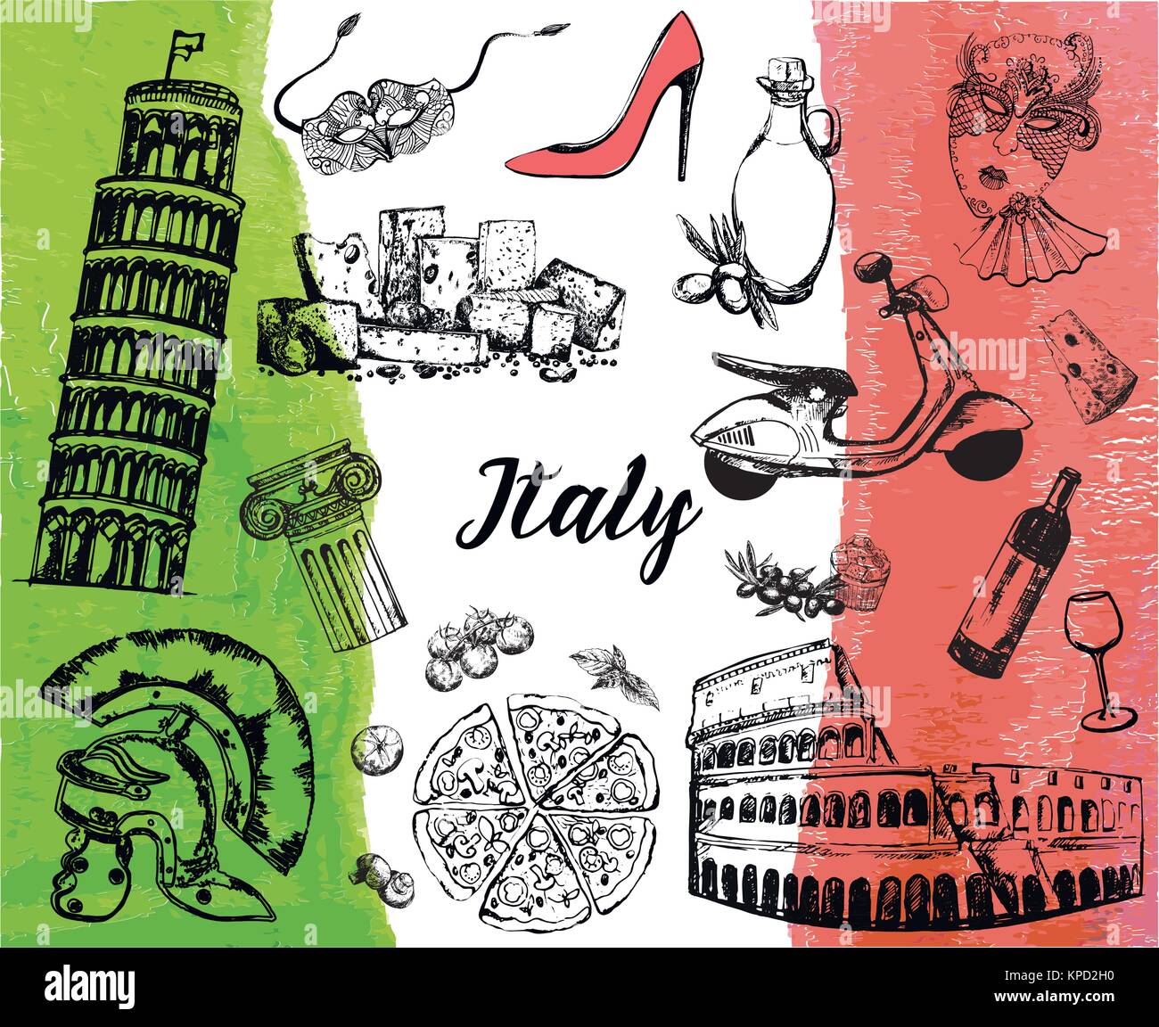 Hand drawn Italy themed sketch set of landmarks, food, objects