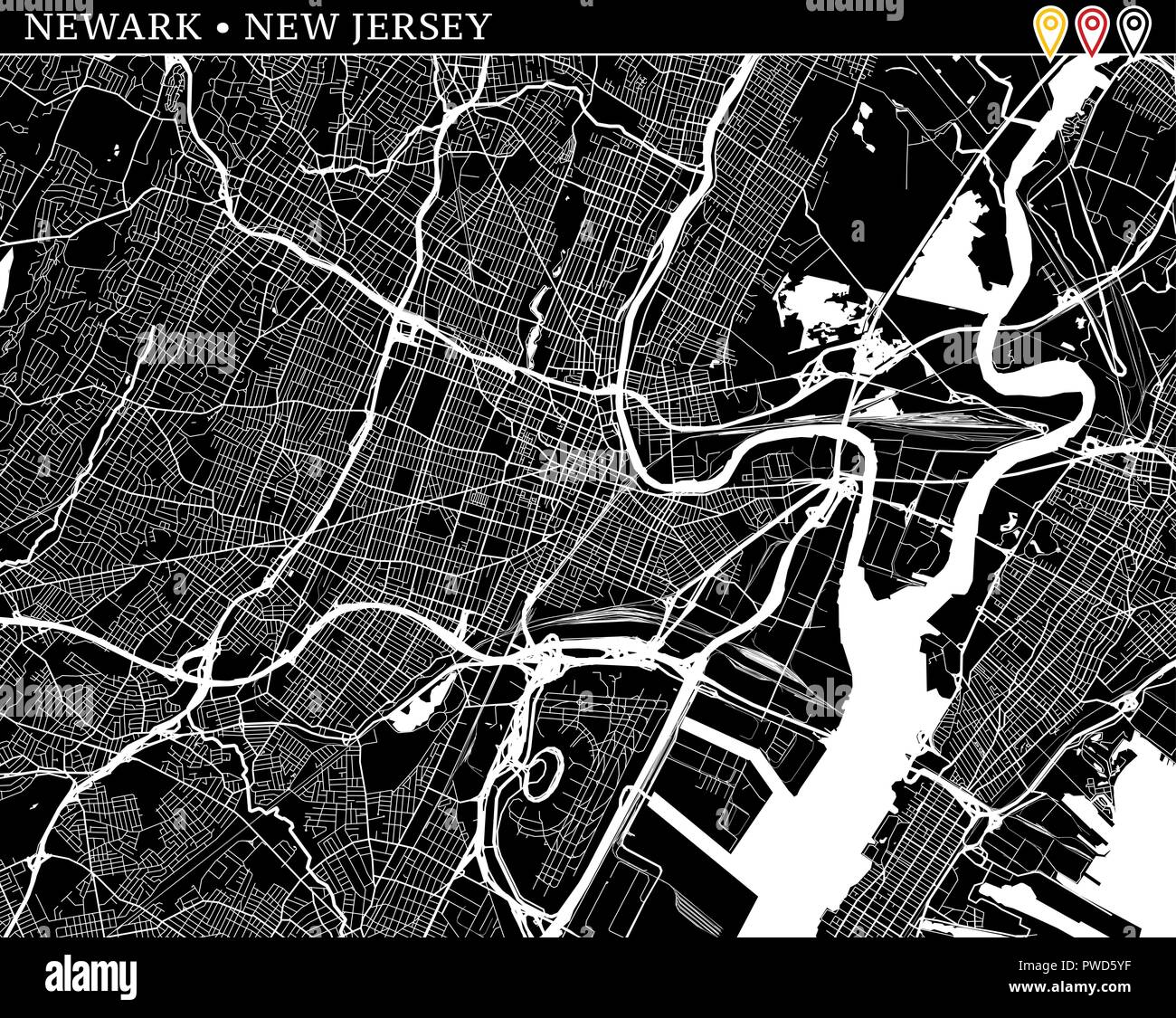 Simple map of Newark, New Jersey, USA. Black and white version for ...