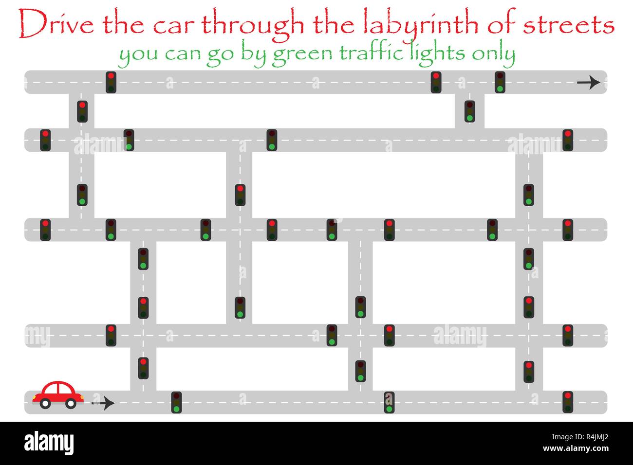 Drive car through labyrinth of streets, go by green traffic lights, fun education game for kids 