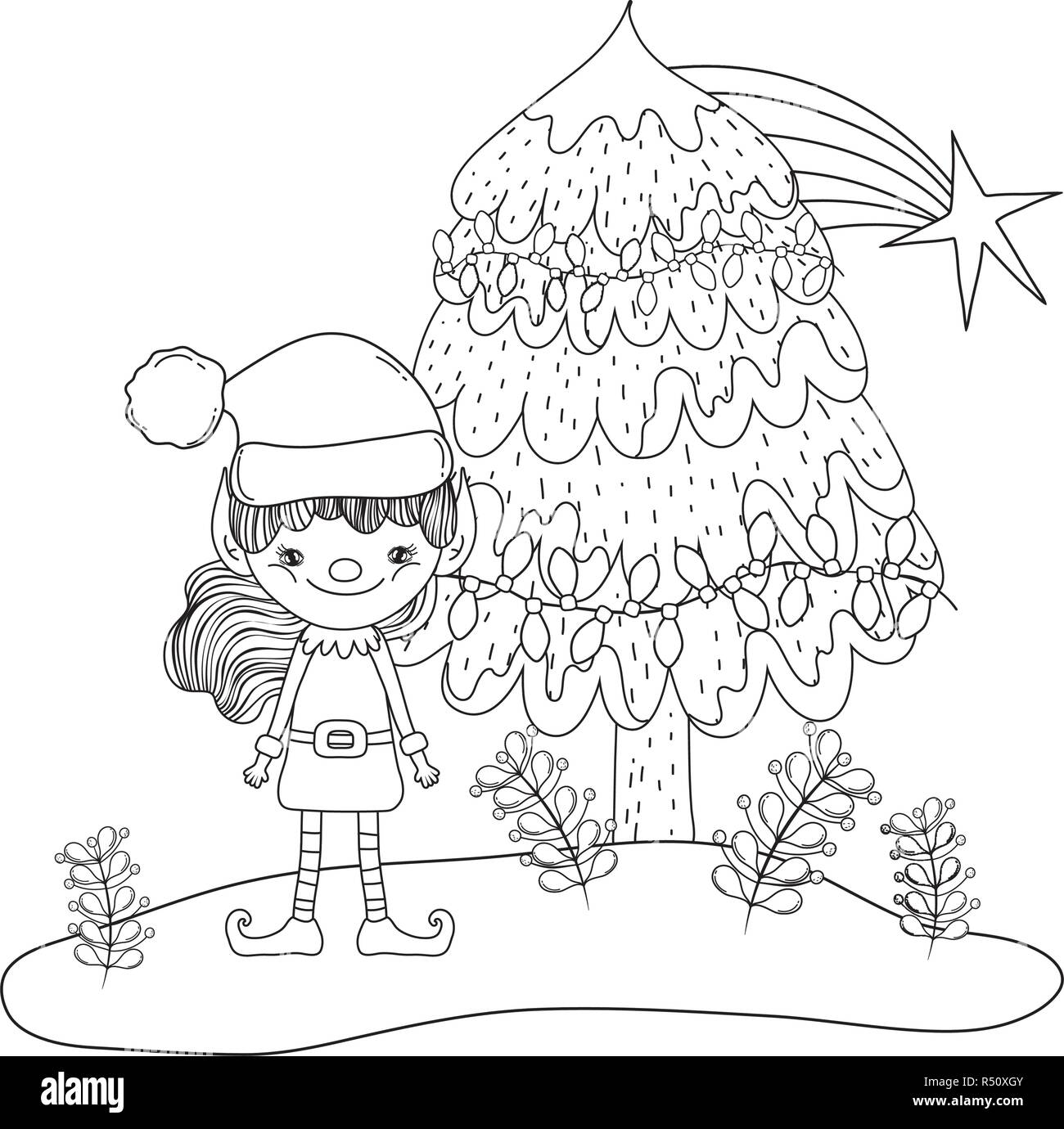 Cute Santa Helper With Pine Tree Vector Illustration Design Stock Vector Image And Art Alamy 6731