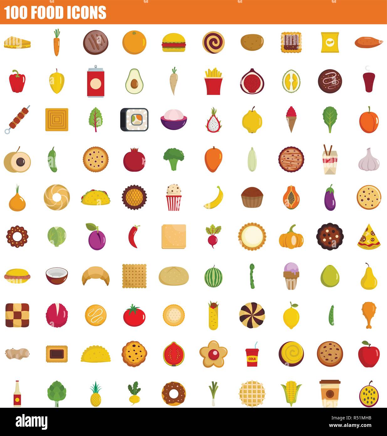 100 Food Icon Set Flat Set Of 100 Food Vector Icons For Web Design Stock Vector Image And Art Alamy 