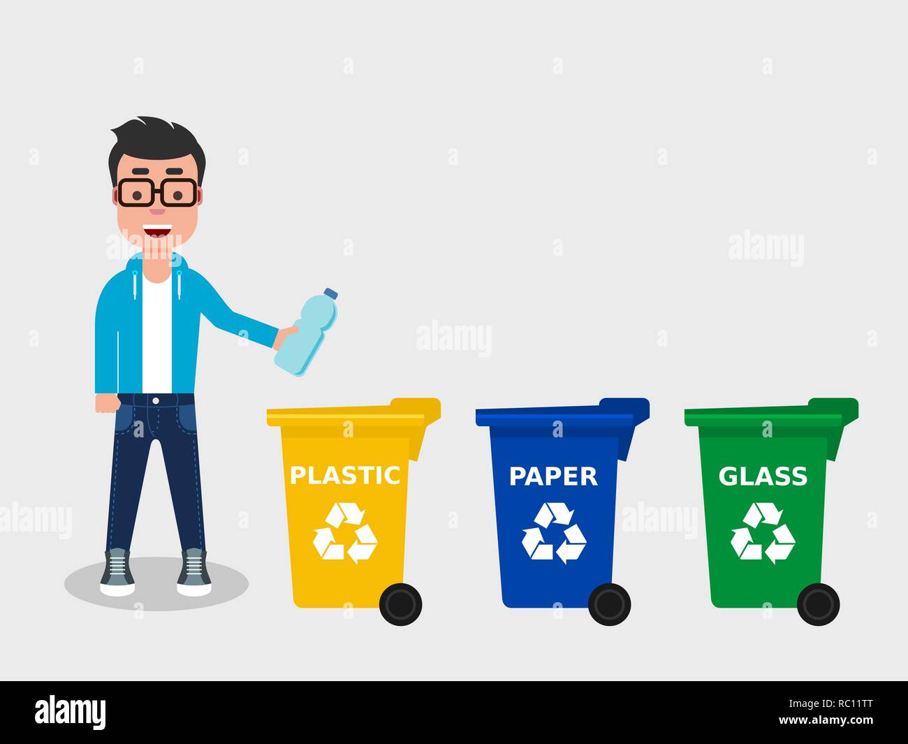Young man throwing a plastic bottle in appropriate recycle bin.There are  three different colored trash cans.Recycling plastic,segregate waste.  Vector Stock Vector Image & Art - Alamy