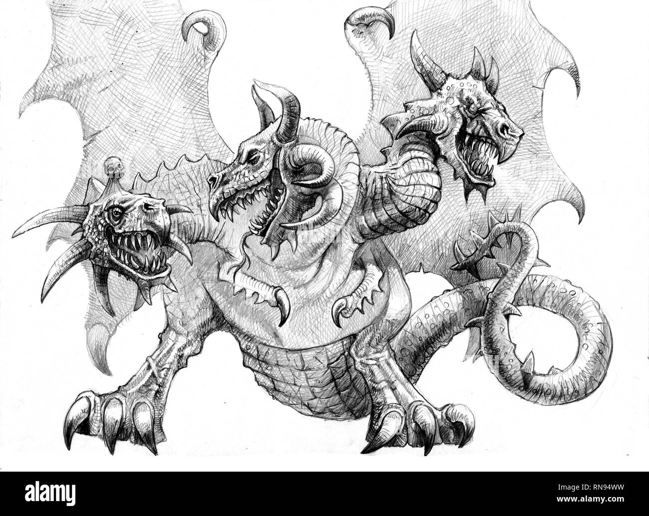 Threeheaded dragon. Pencil drawing. Fantasy art Stock Photo Alamy