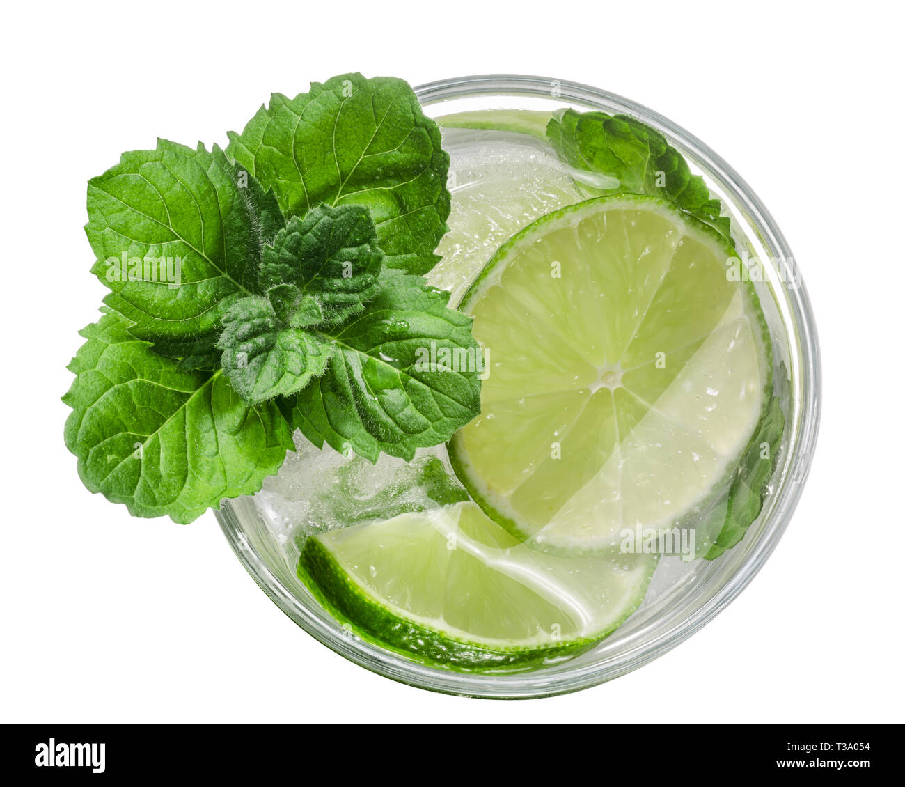 Mojito, a cocktail with rum, lime and mint, top view, isolated on white ...