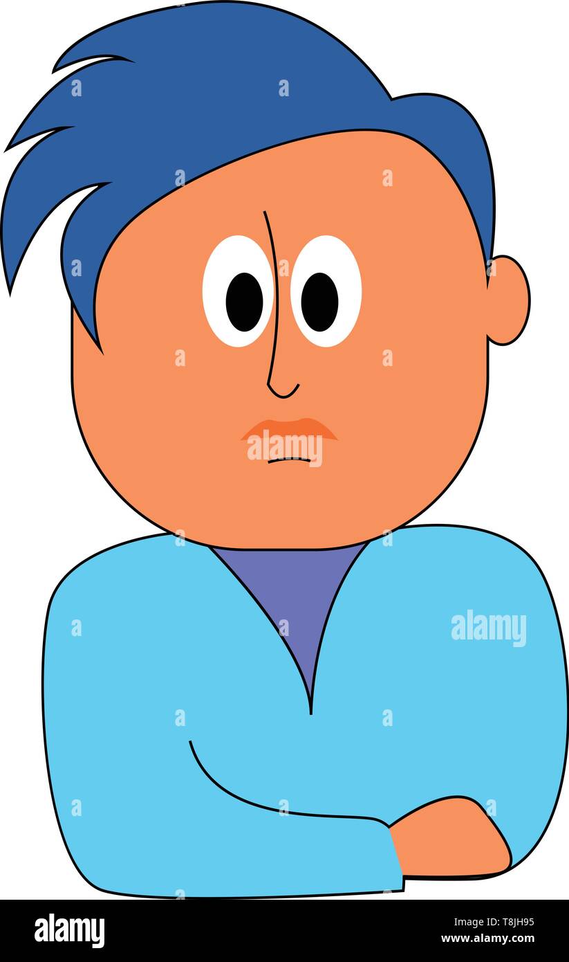 A Boy With Blue Hair With Big Eyes Frowning Wearing Blue Long Sleeves Vector Color Drawing 2976