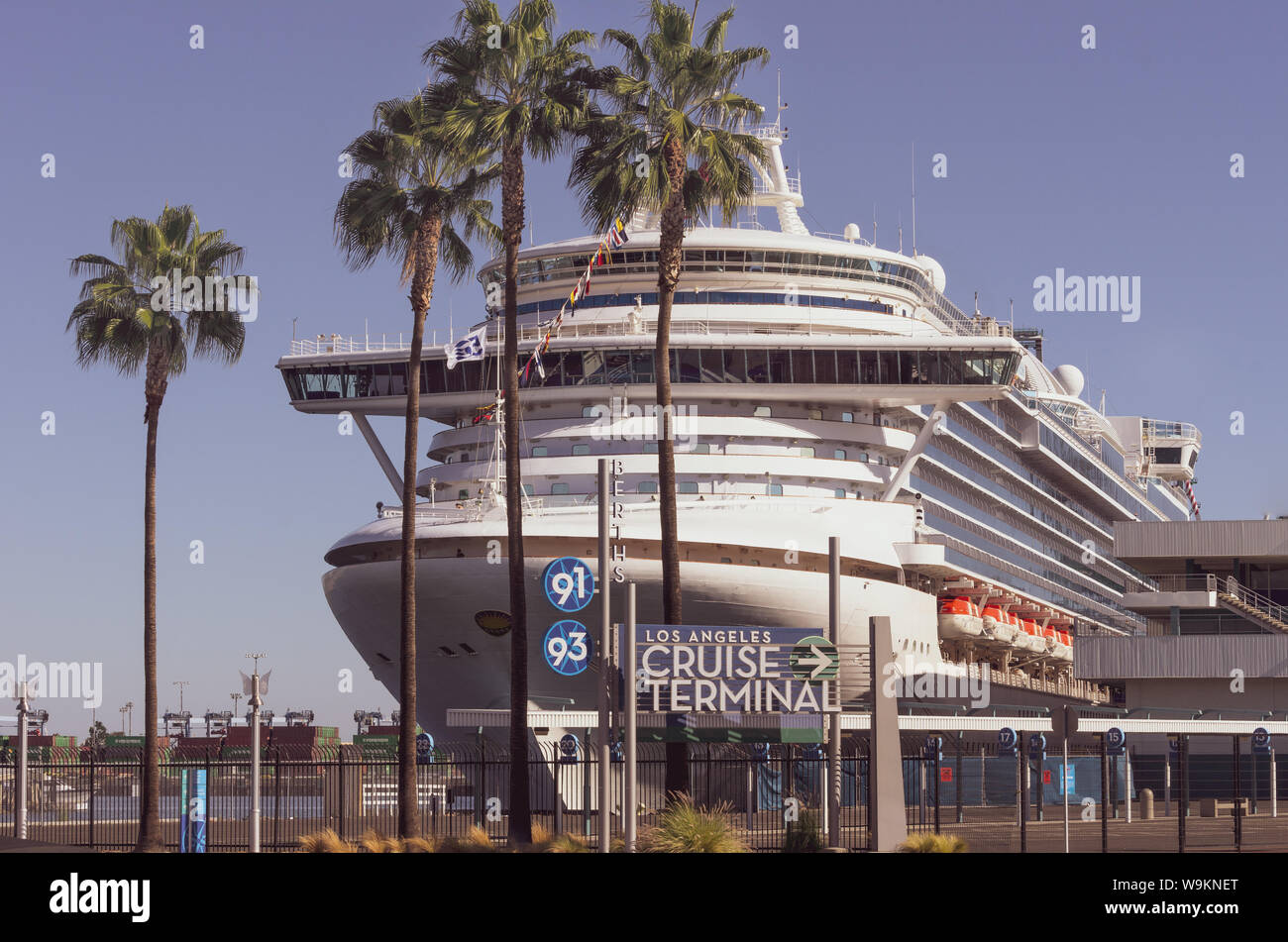 View of a cruise ship at the Los Angeles Cruise Terminal in the Port of